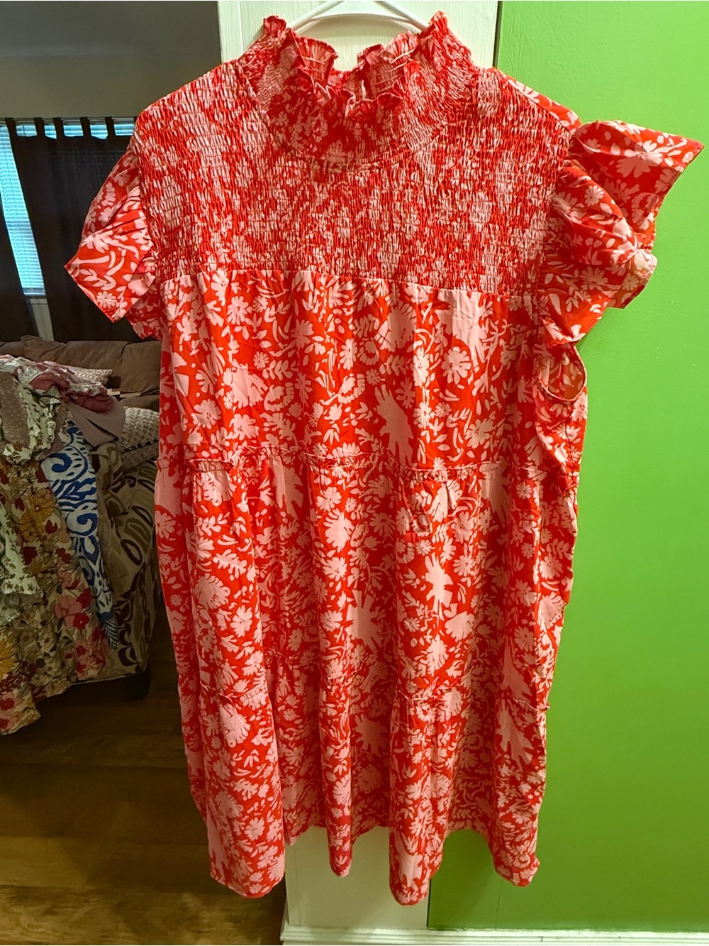 ODDY Red and White Floral Smocked Midi Dress